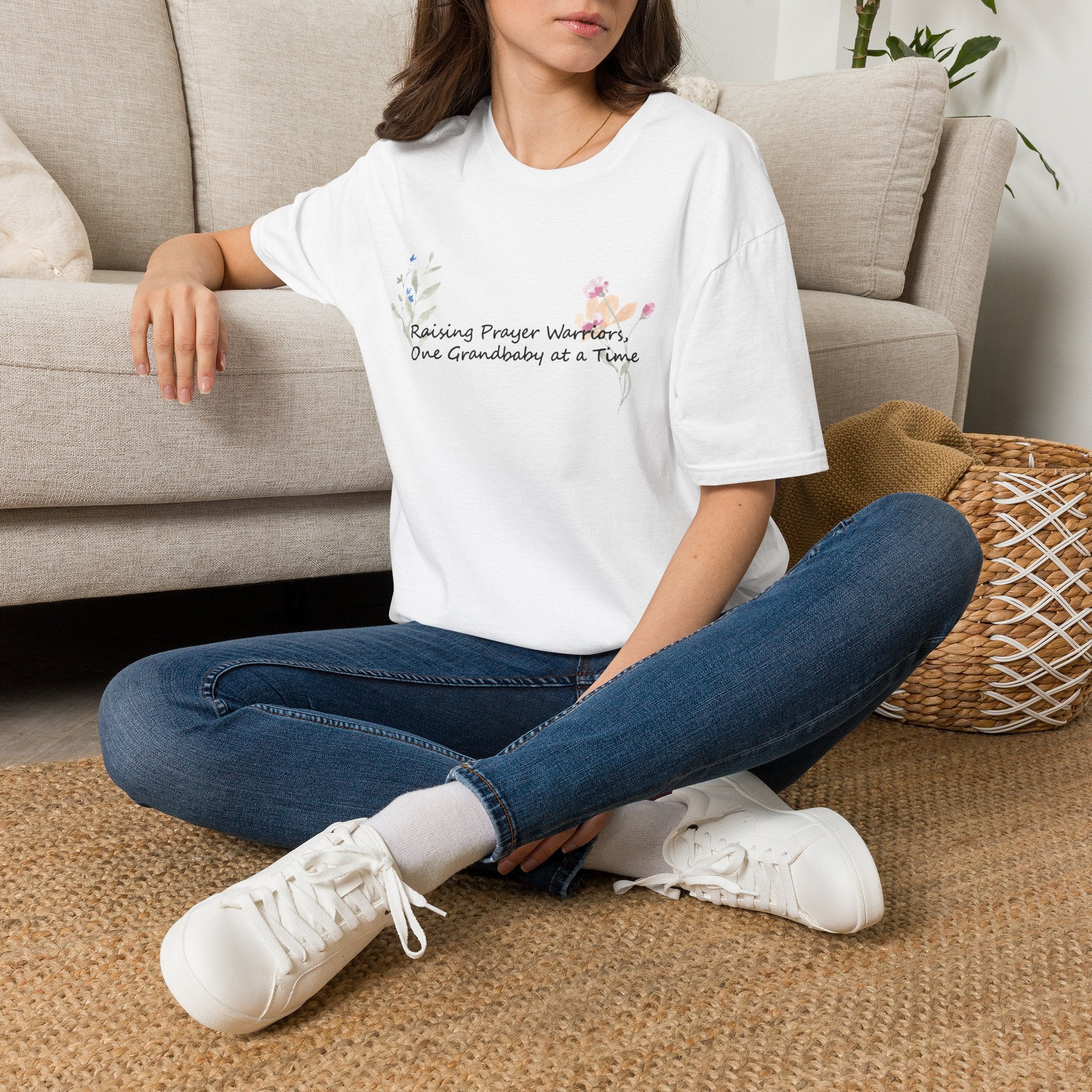 T-Shirt — "Raising Prayer Warriors, One Grandbaby at a Time" Floral Grandmother Tee